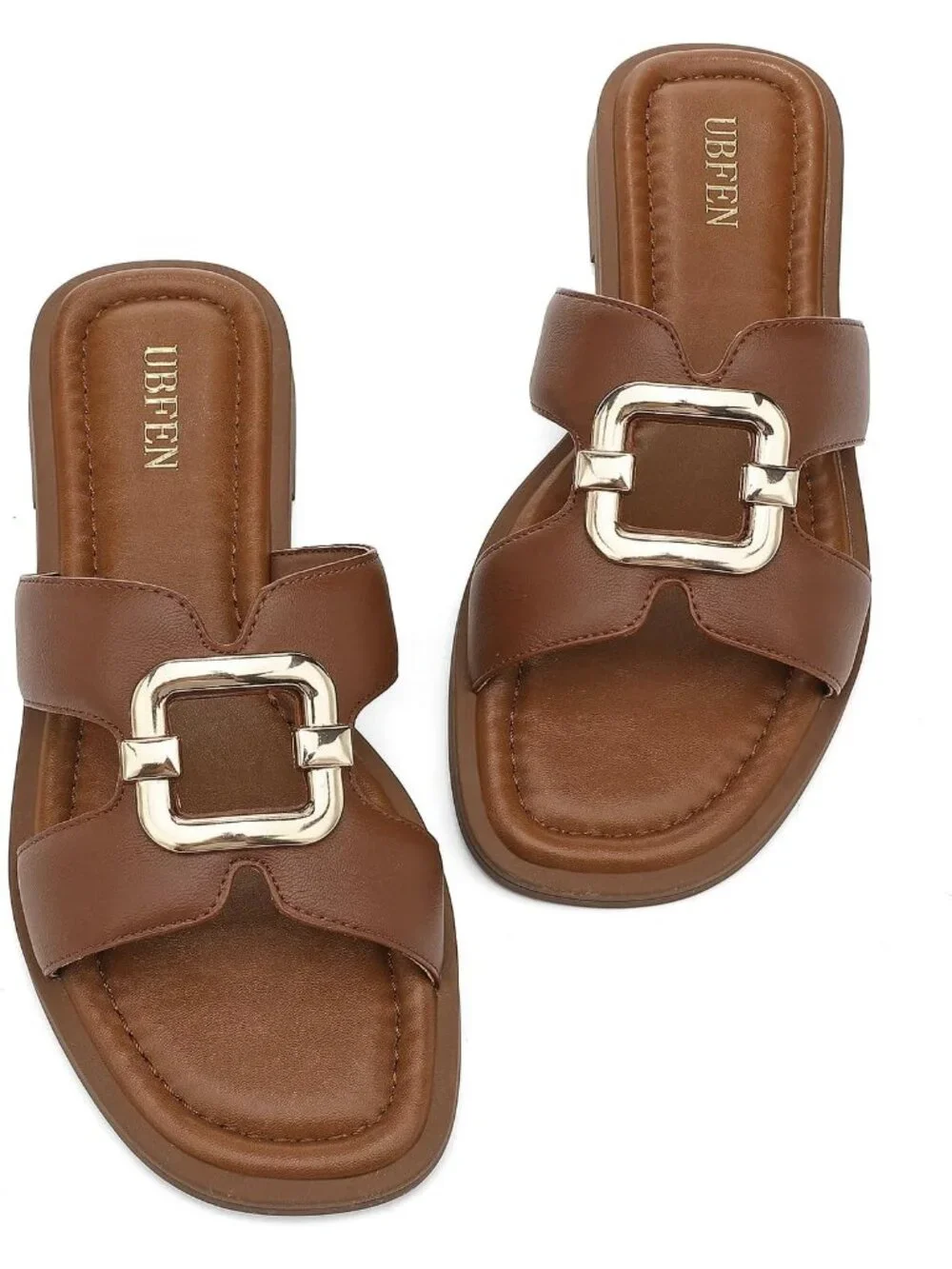 Women's Brown Square Toe Flat Sandals Slides Dressy Comfortable for Beach